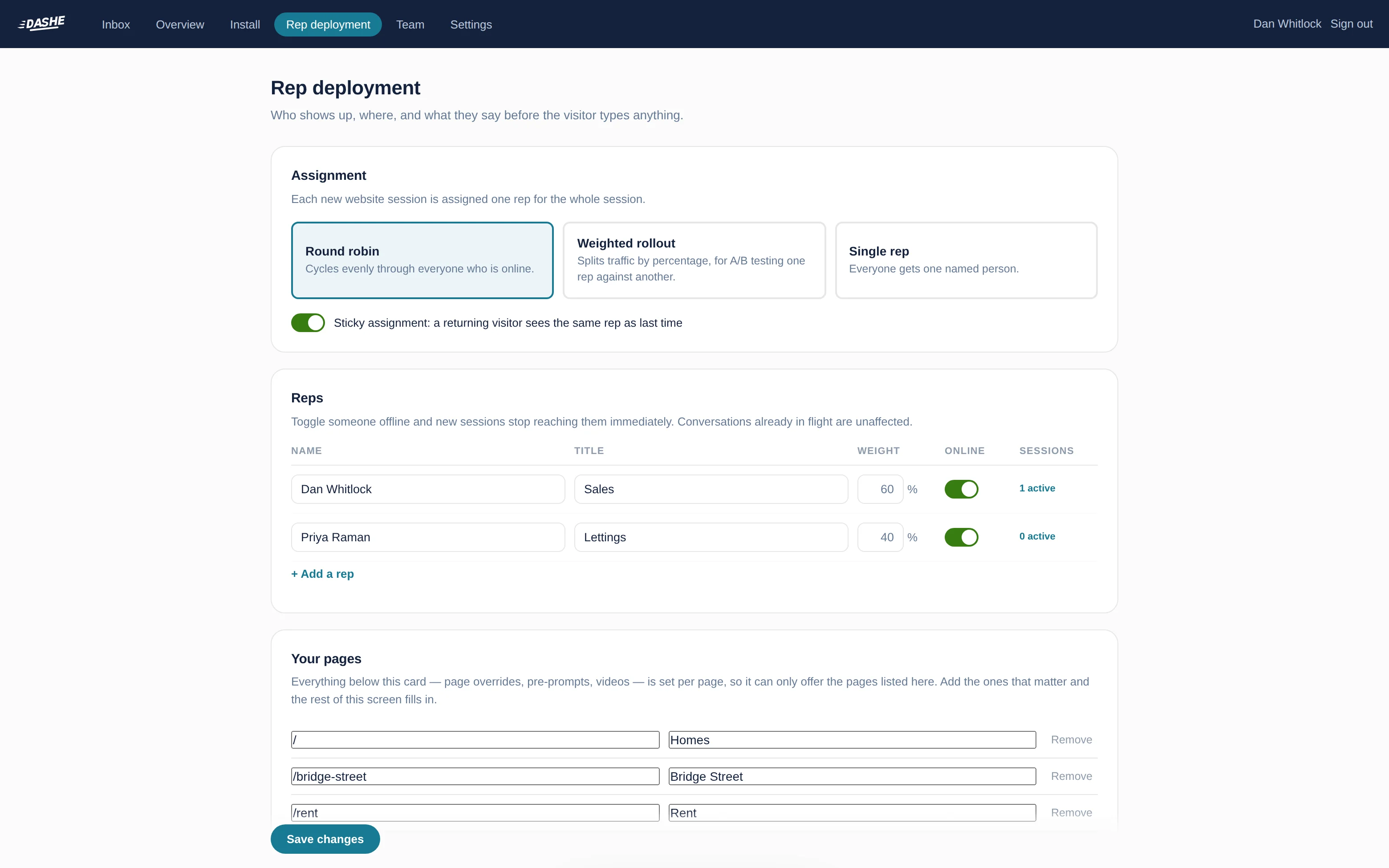 The Dashe settings for assigning reps to pages and writing their opening messages