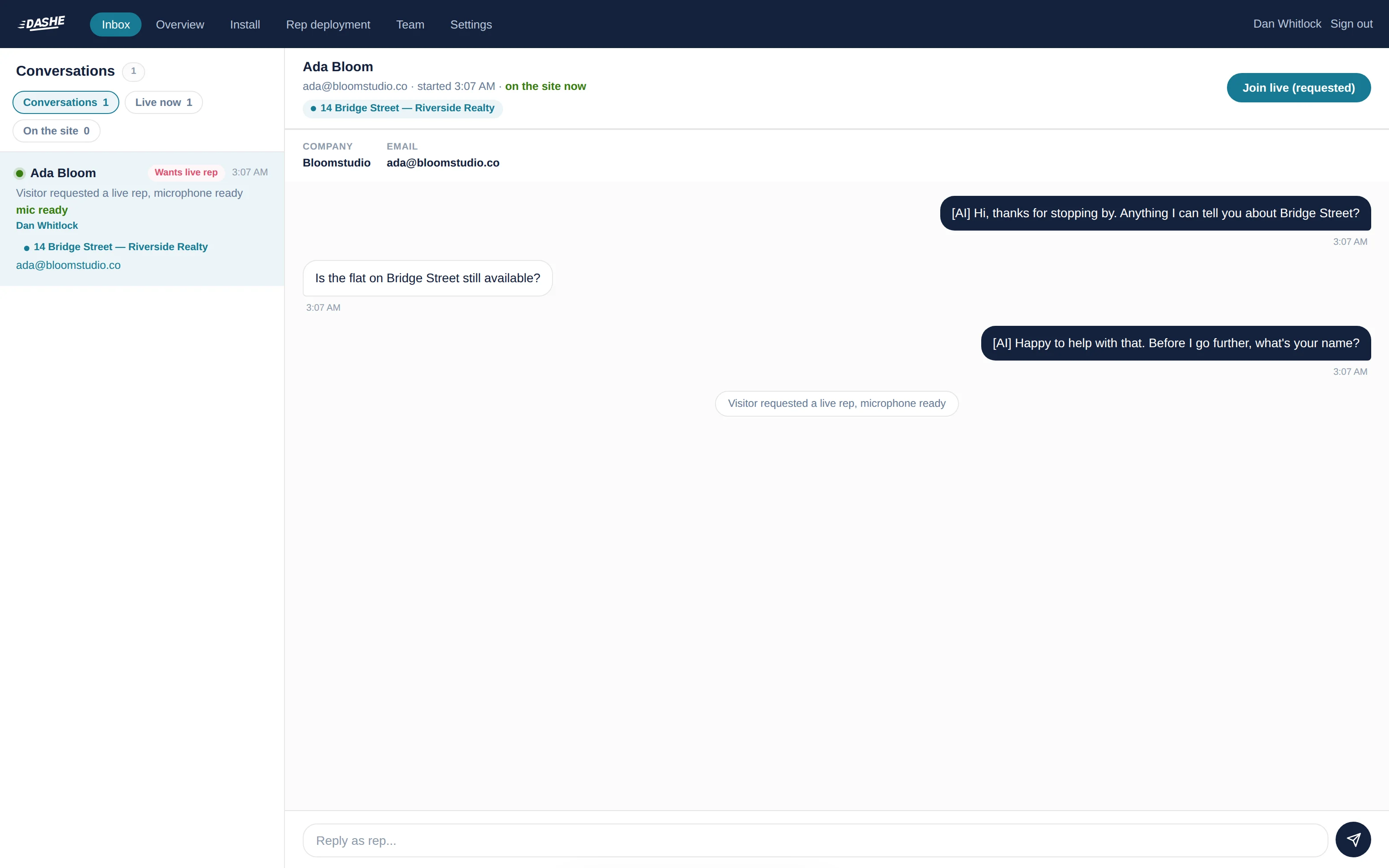 The Dashe inbox showing live conversations, the page each visitor is on, and their details